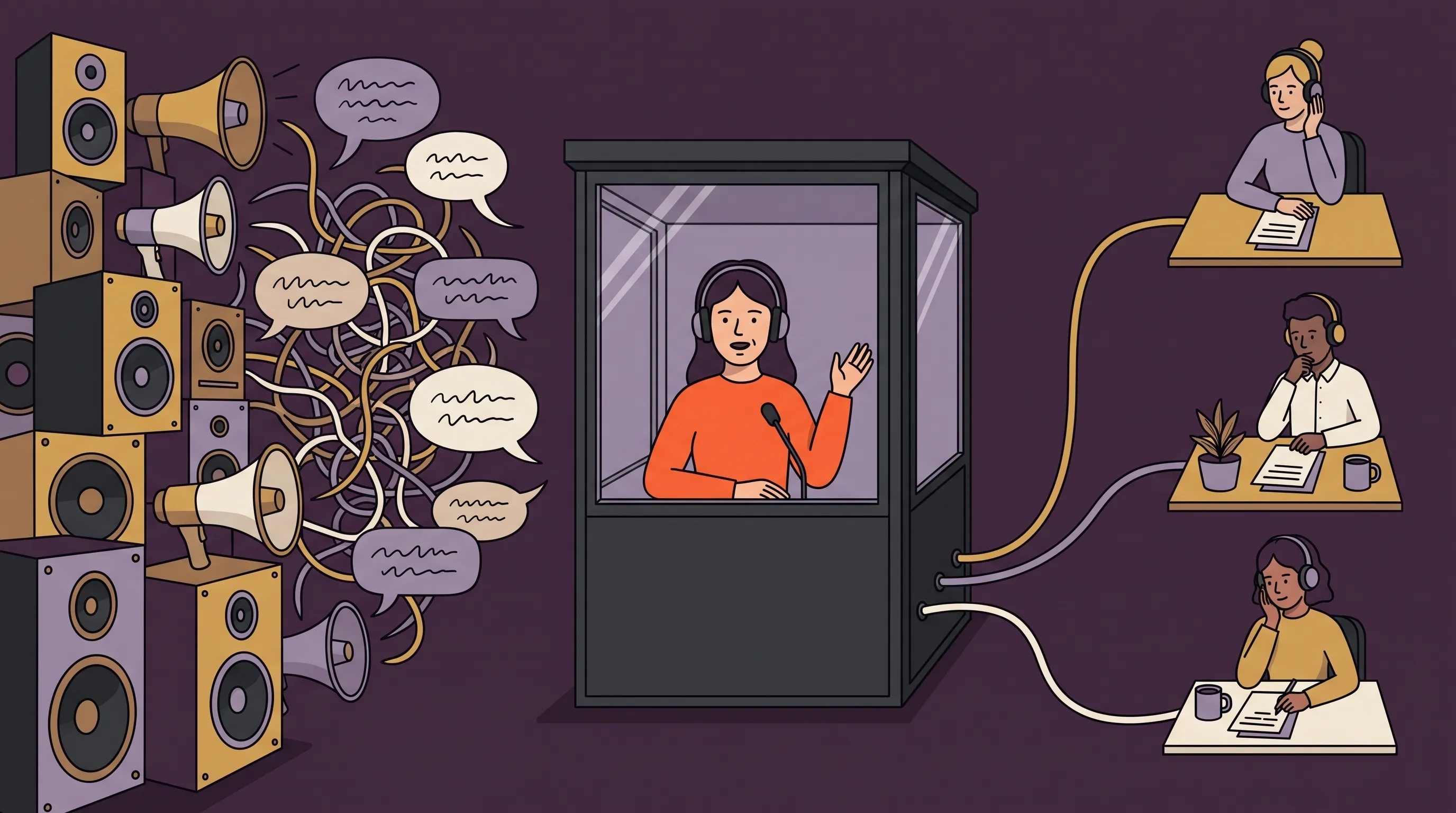 Flat-vector illustration of a simultaneous interpreter in an orange jumper inside a glass booth, converting a wall of loudspeaker noise into three clear, differently coloured feeds, one per listener - the way AI regulatory intelligence interprets the same regulatory signal differently for each business and role