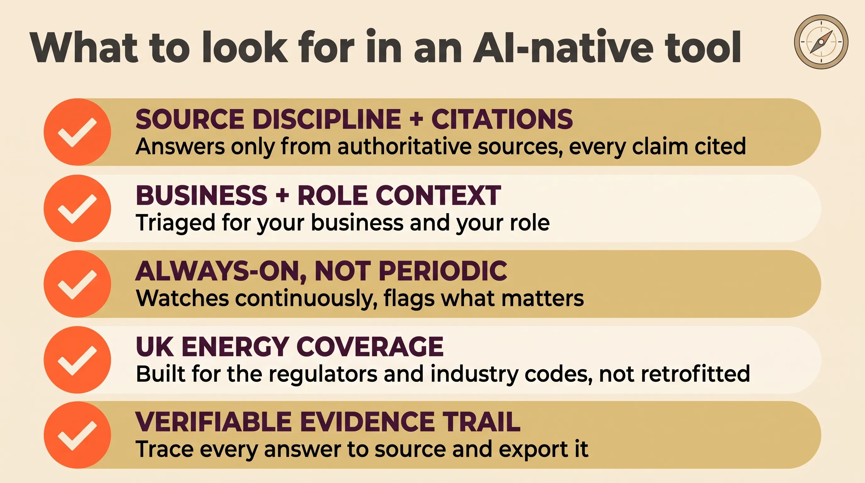 Flat-vector buyer's checklist scorecard for an AI-native regulatory intelligence tool - source discipline with citations, business and role context, continuous monitoring, UK energy coverage, and a verifiable evidence trail