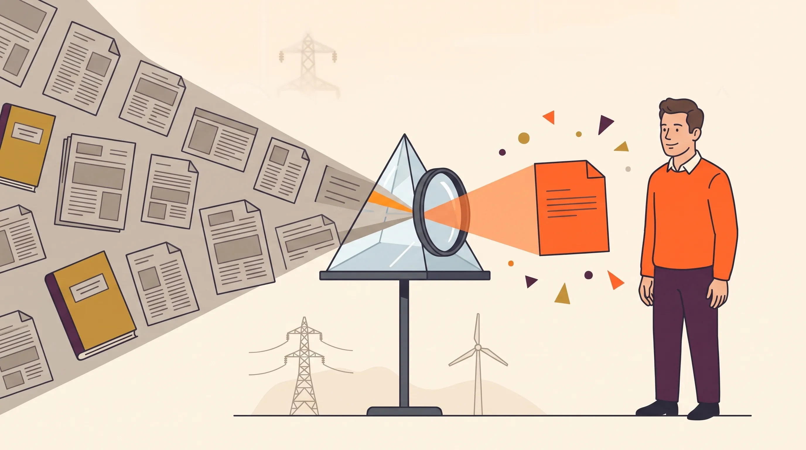 Flat-vector illustration of a UK energy regulatory professional in an orange jumper: a dull grey stream of generic market reports and analyst volumes passes through a prism and emerges as a single bright orange document picked out for them, with a pylon and wind turbine faint behind.
