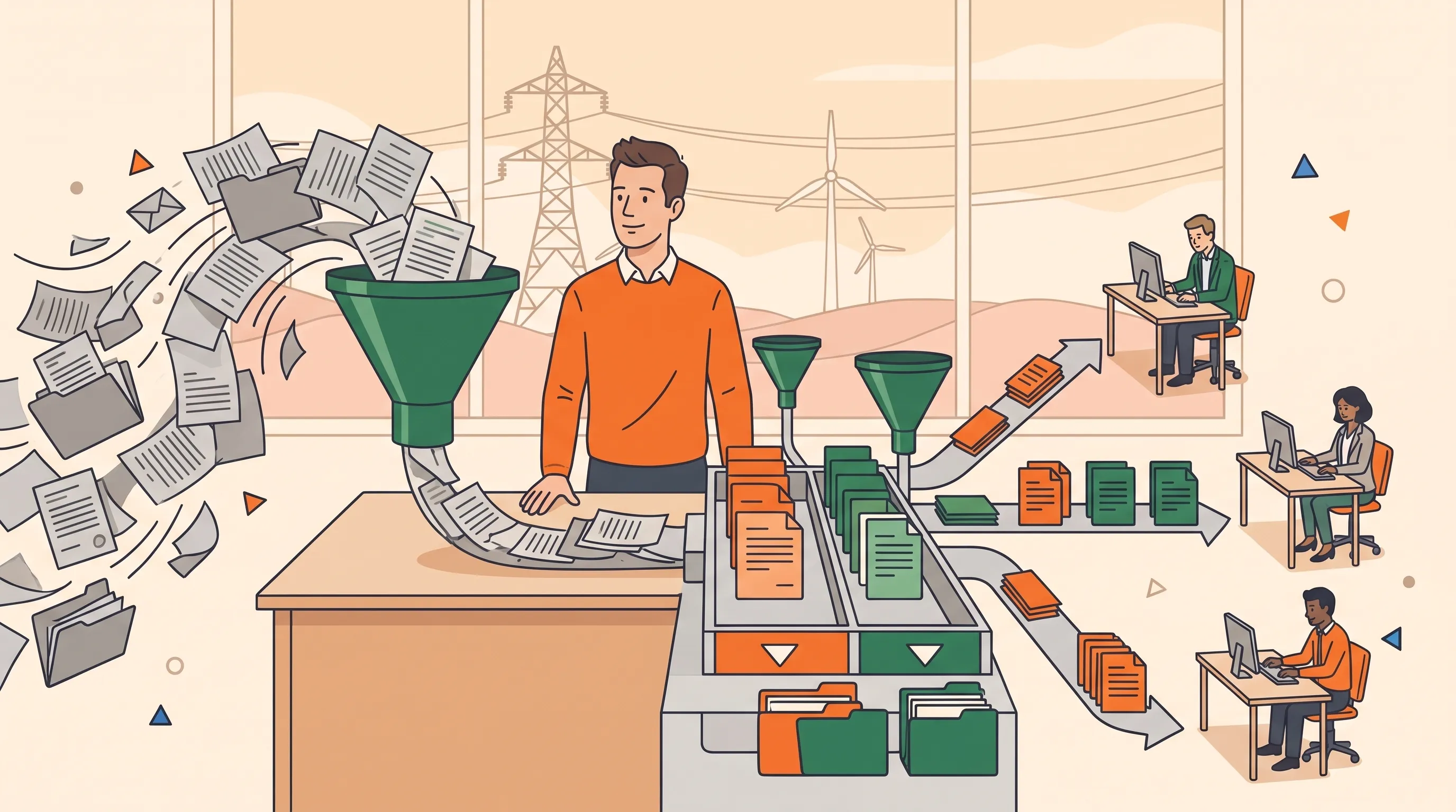Flat-vector illustration of a UK energy professional in an orange jumper filtering a swirl of regulatory documents through a funnel and routing the organised results to specialist team members at their desks.