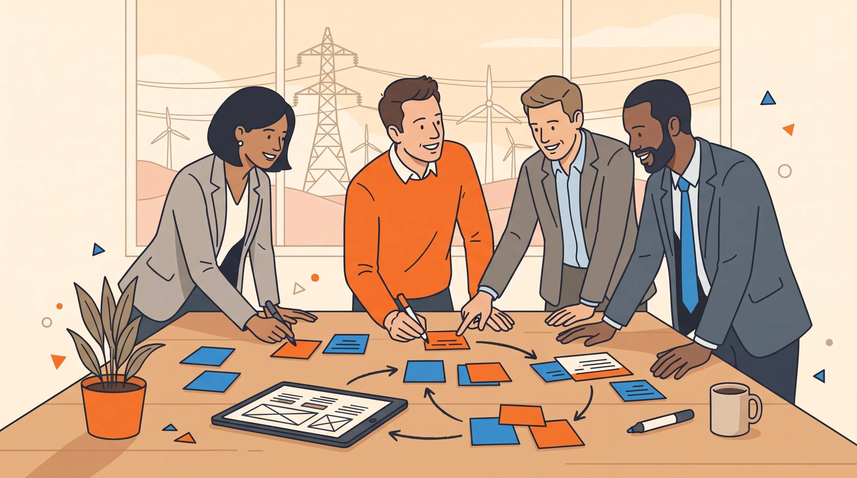Bold flat-vector editorial illustration of a founder in an orange jumper and UK energy professionals around a table co-designing Policy Compass with sticky notes and wireframes, an electricity pylon and wind turbines through the window