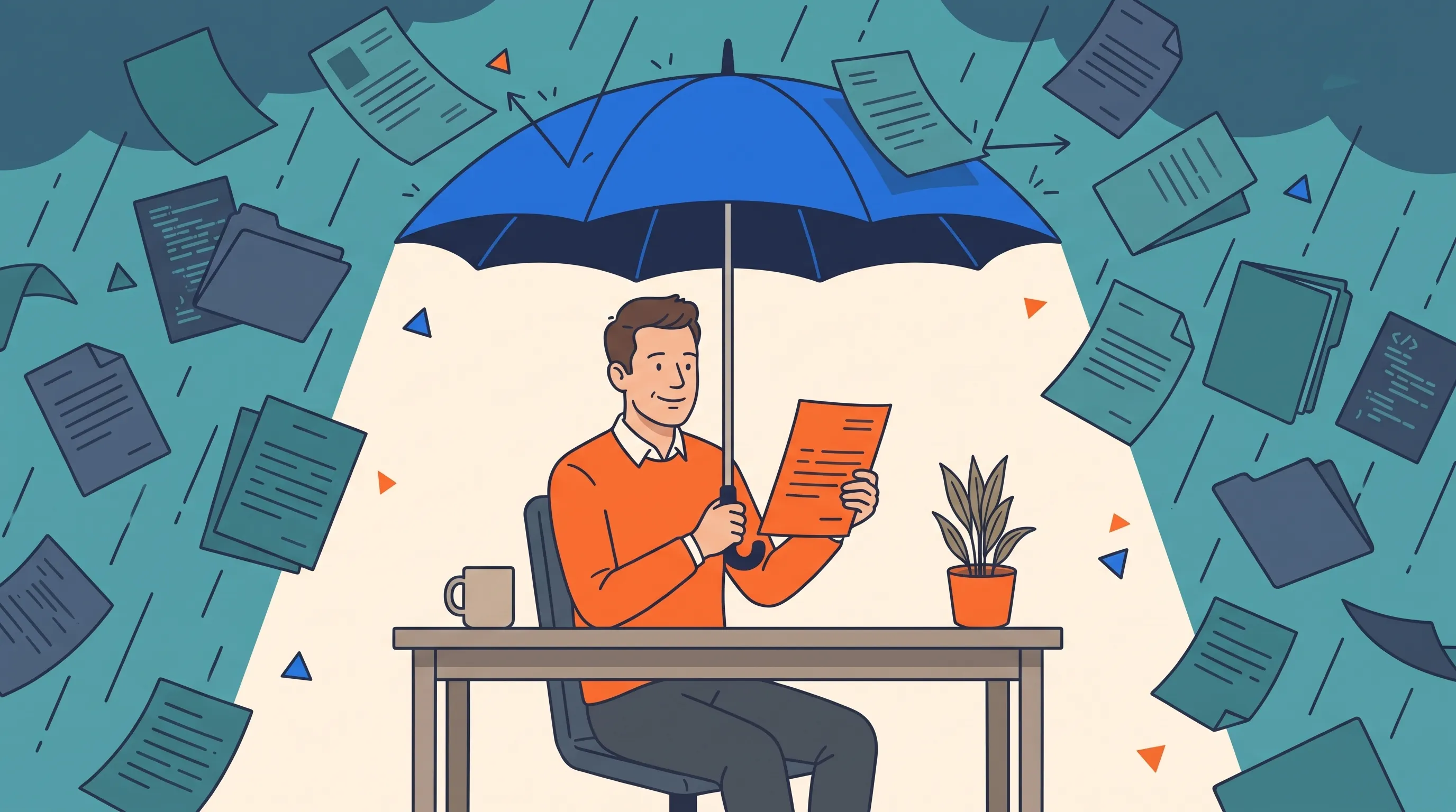 Flat-vector illustration of a regulatory professional in an orange jumper working calmly under an umbrella while a storm of regulatory publications falls around them, the one critical document caught and held safely.