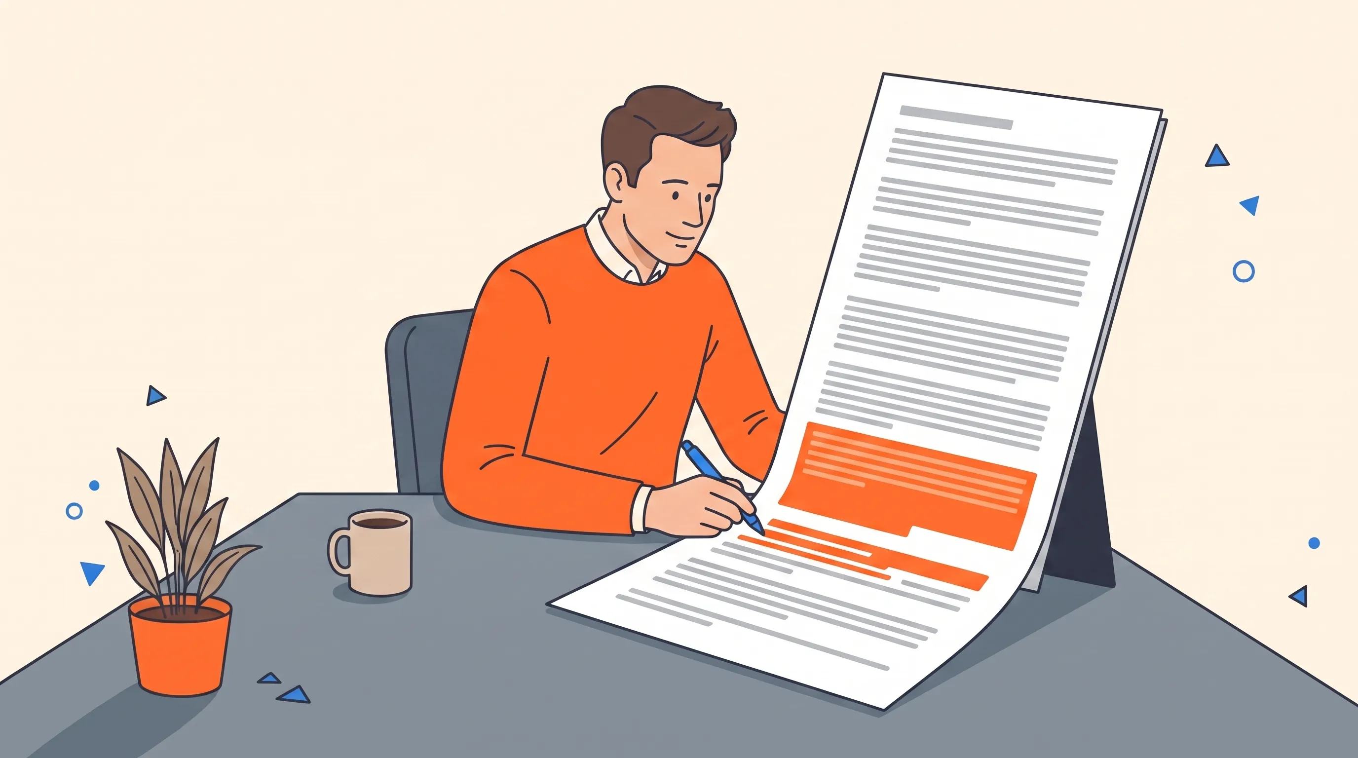 Flat-vector illustration of a UK energy regulatory professional in an orange jumper at a desk, an 80 per cent pre-filled consultation response draft in front of them, adding the final 20 per cent of nuanced argument by hand in bright orange.