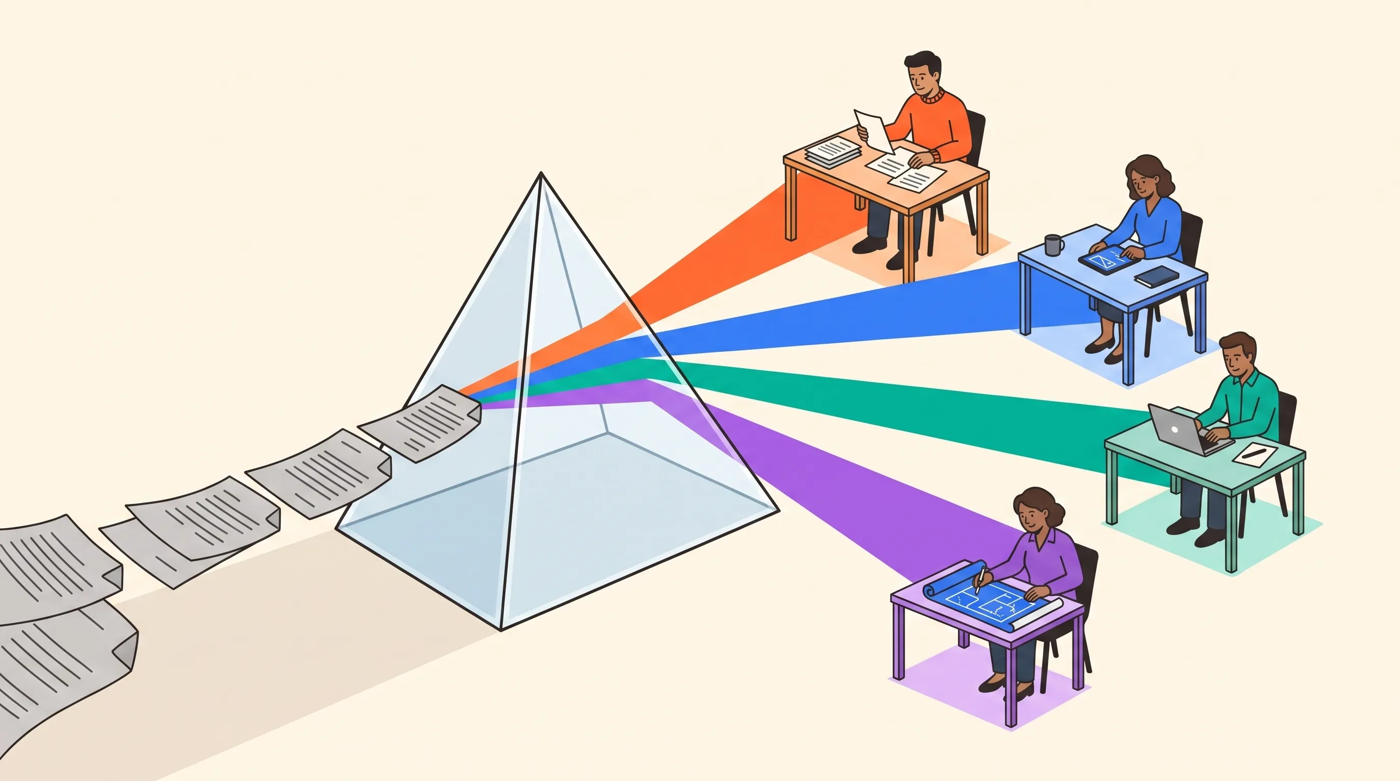 Flat-vector illustration of source documents flowing into a prism that splits one regulatory signal into role-specific beams for regulation, codes, commercial and operations teams.