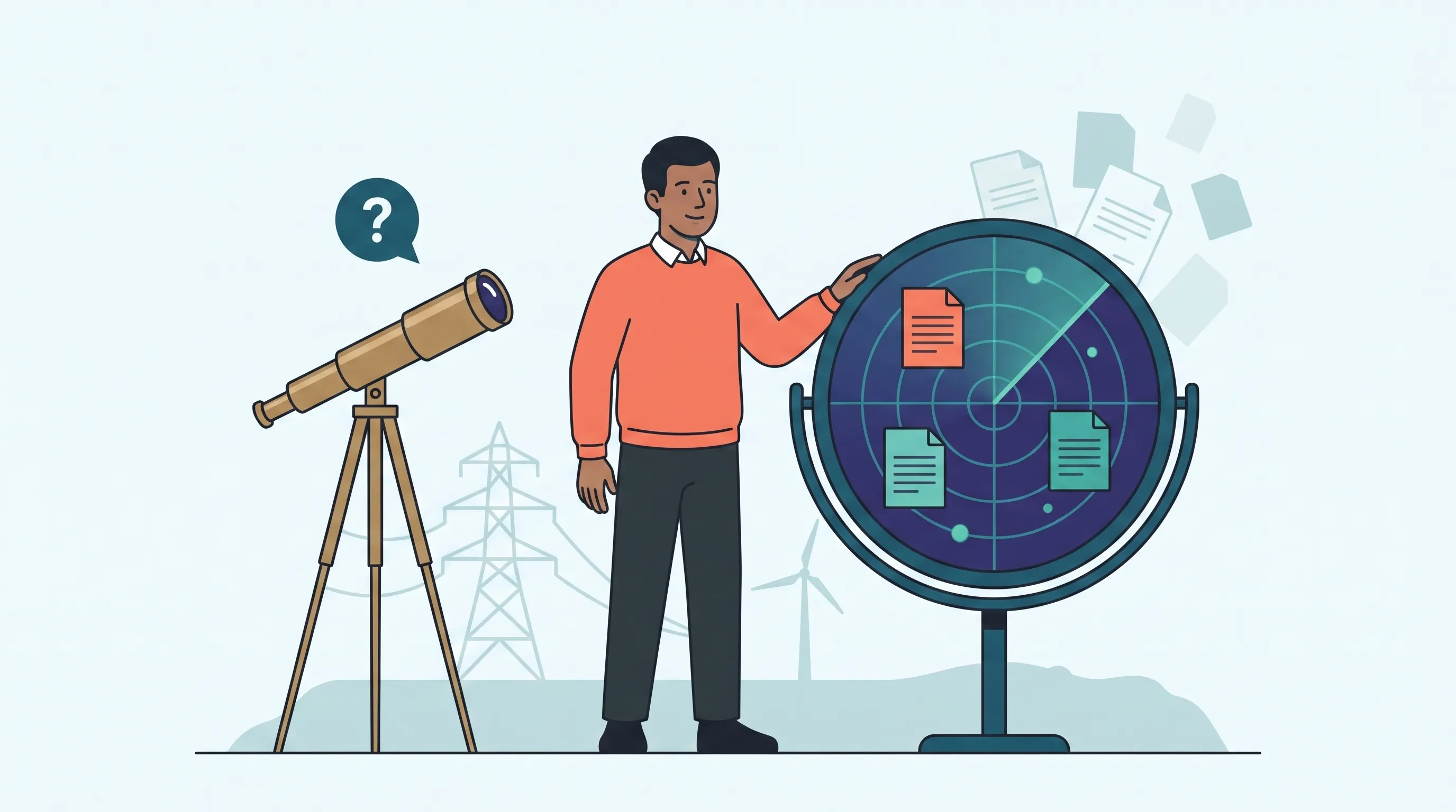 Flat-vector illustration of a UK energy professional in an orange jumper choosing a calibrated regulatory radar over a general-purpose telescope pointed at a question bubble