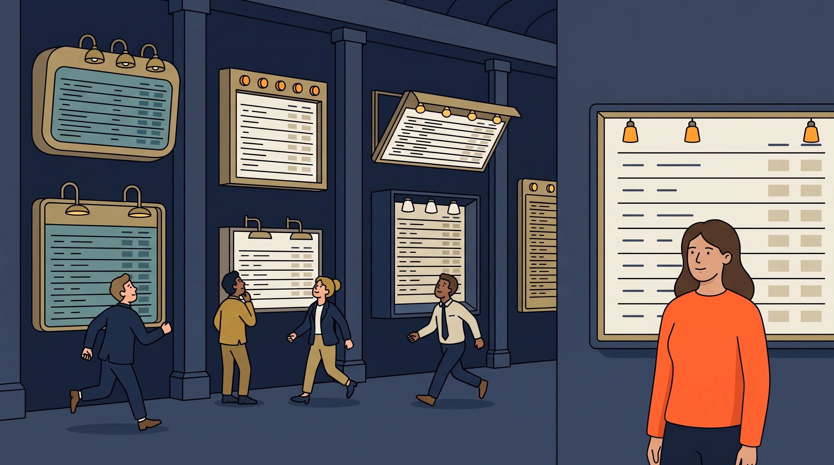 Flat-vector illustration of a station concourse where mismatched departure boards, each a different shape with different indicator lamps, are checked one at a time by people walking between them, while a woman in an orange jumper stands calmly at a single unified board showing only her own items. A metaphor for tracking UK energy code changes register by register versus in one place.