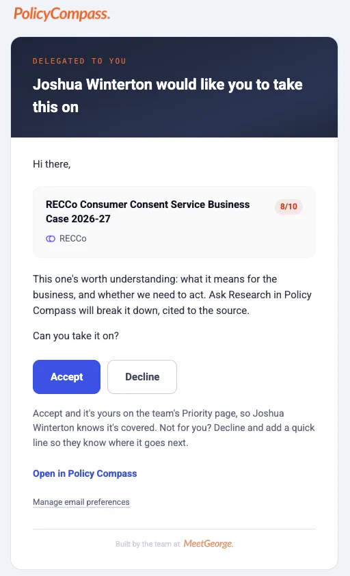 The delegation email from Policy Compass: a teammate has delegated a regulatory item, shown with its relevance rating and a note on why it matters, with Accept and Decline buttons that work directly from the email
