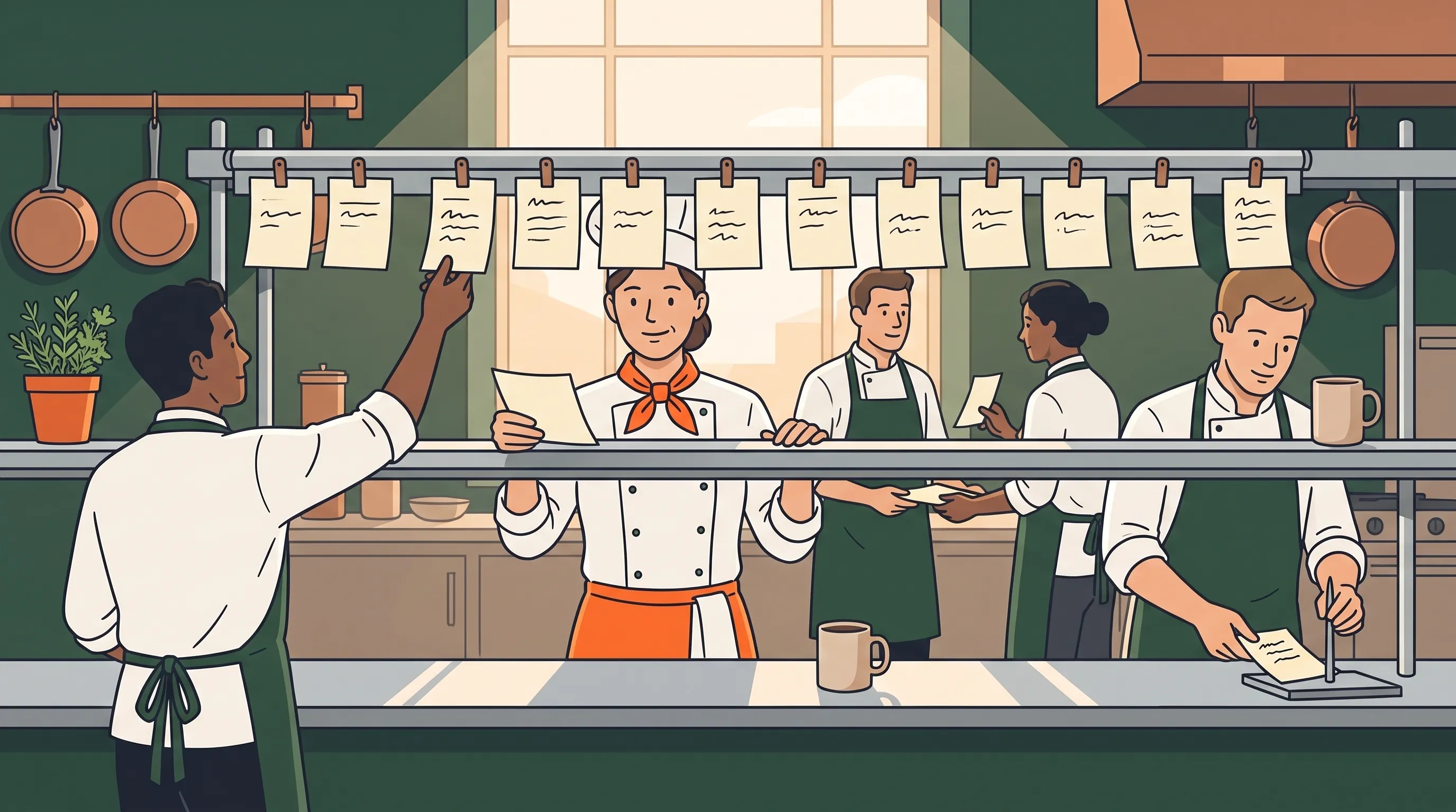 Flat-vector illustration of a professional kitchen pass at morning briefing: a head chef in an orange neckerchief reads a rail of order tickets while one cook claims a ticket, another is handed one, and a third spikes a finished ticket - the way a regulatory team claims, delegates and completes its weekly regulatory priorities from one shared list