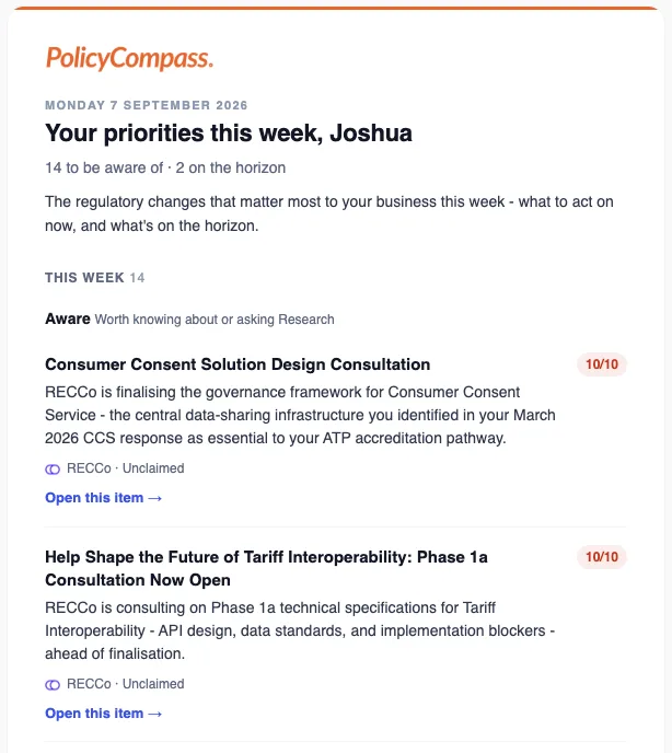 The Monday priorities summary email from Policy Compass: the week's ranked list with relevance ratings, each item carrying a short plain-language explanation of what it is and why it matters, with its owner status shown