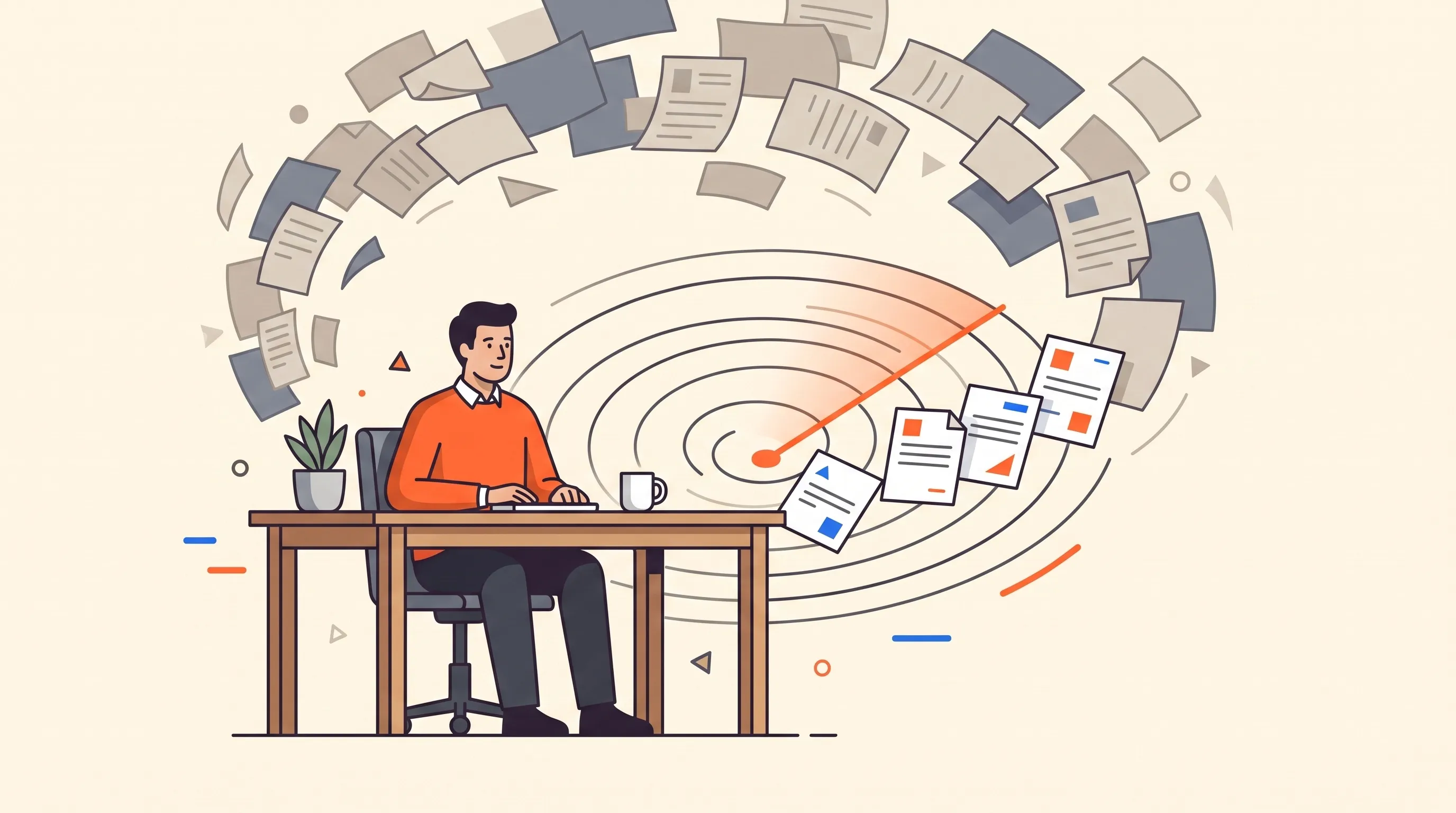 Bold flat-vector illustration of a calm UK energy regulatory professional in an orange jumper at a desk while a compass-shaped radar draws the few documents that matter out of a storm of regulatory publications