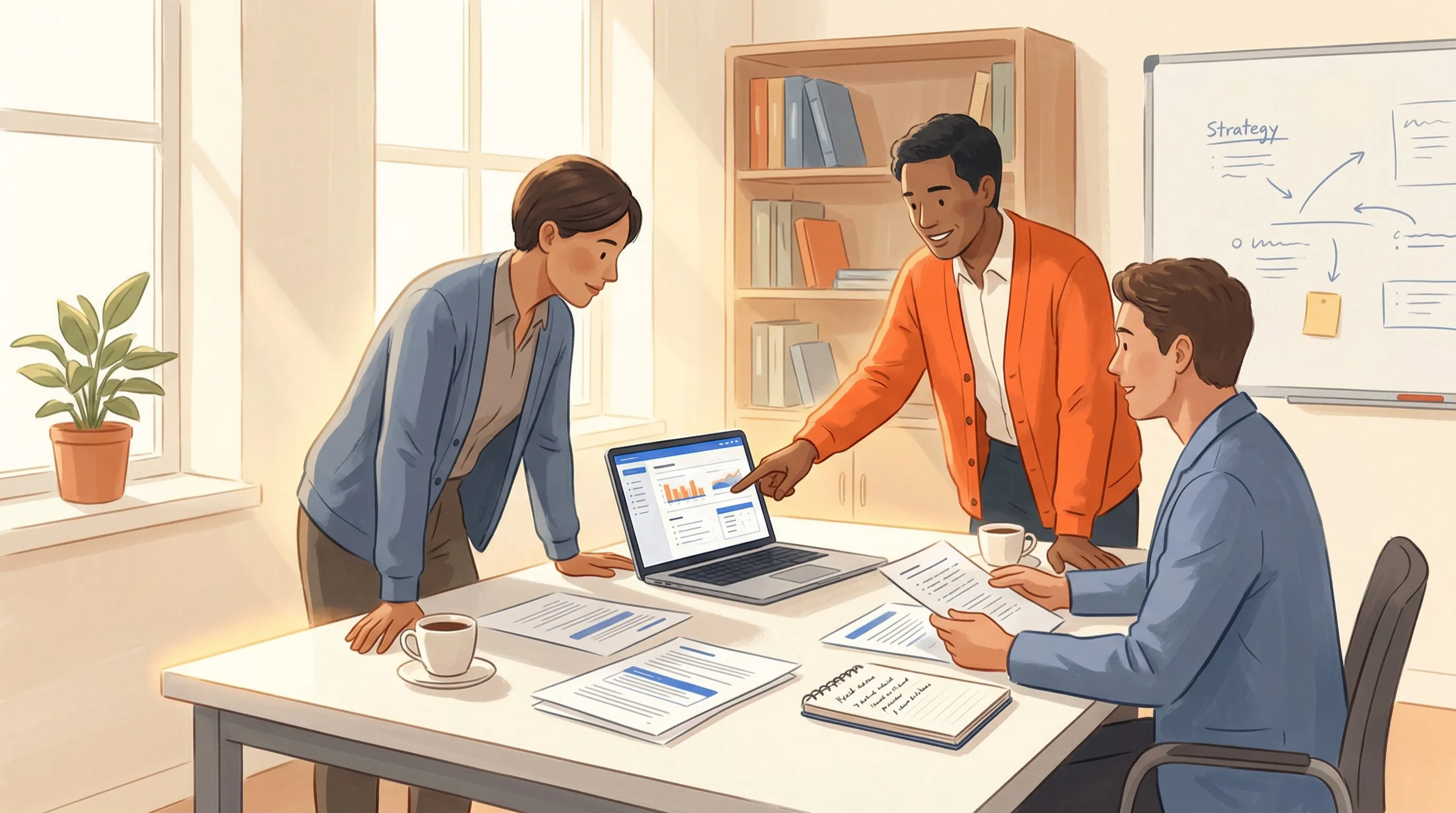 Energy consultants gathered around a table reviewing regulatory documents and data on a laptop - warm painterly illustration of a design partner working session