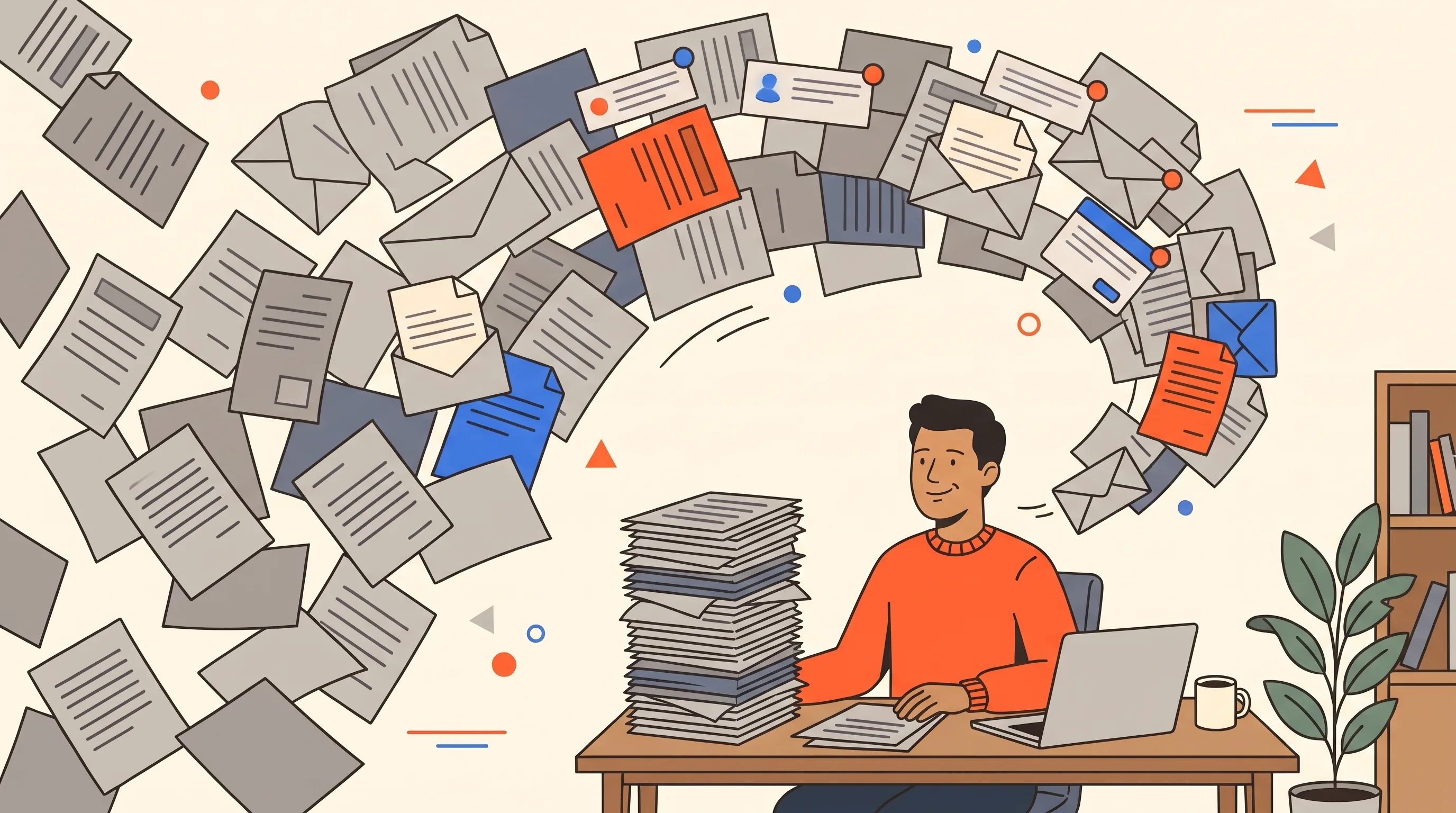 Bold flat-vector illustration of a composed founder in an orange jumper at his desk, calmly in control amid a swirling storm of regulatory documents and emails