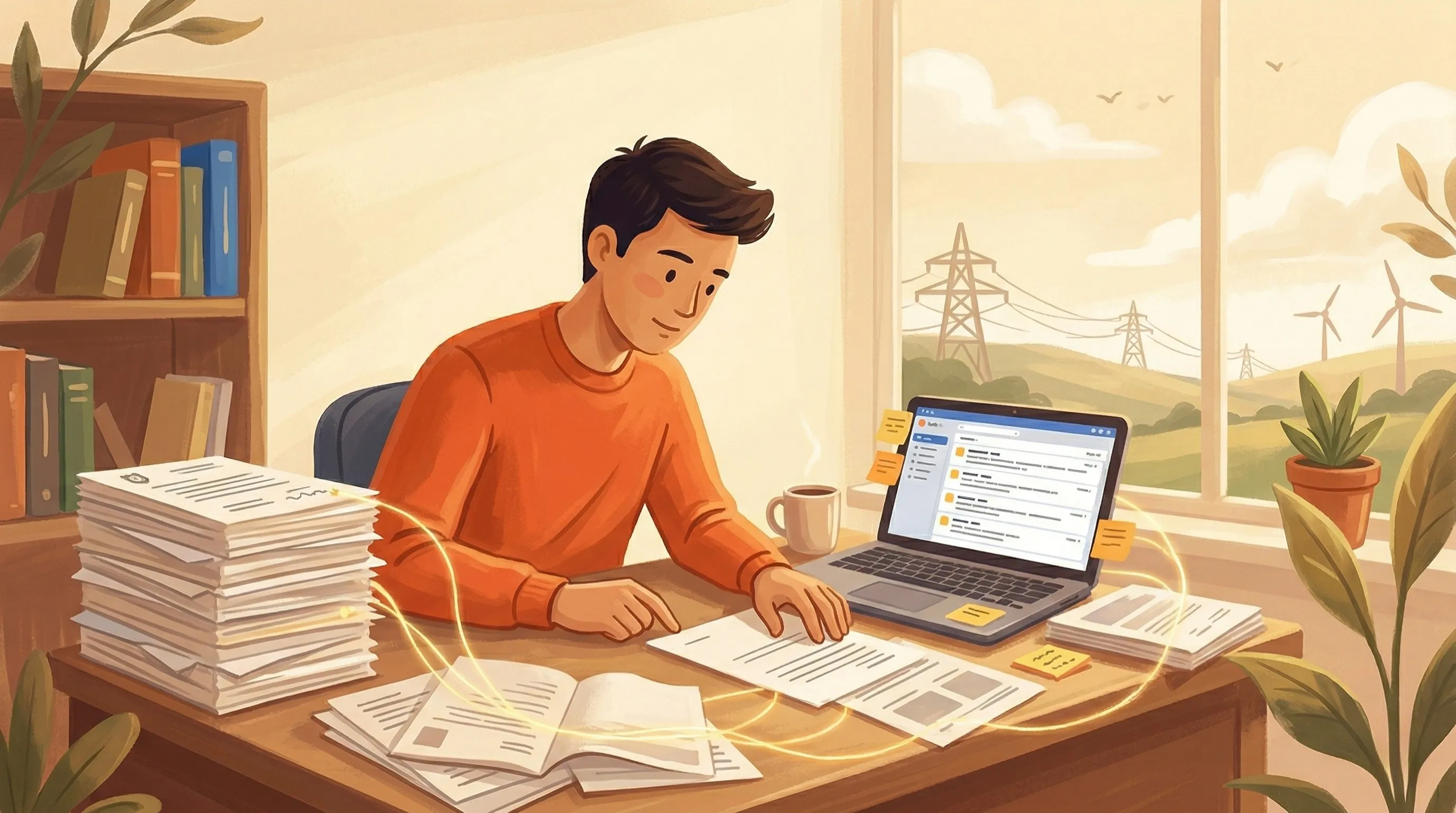 A founder at a desk surrounded by stacks of regulatory documents and a laptop with an overflowing inbox, with electricity pylons and wind turbines visible through the window - warm painterly illustration