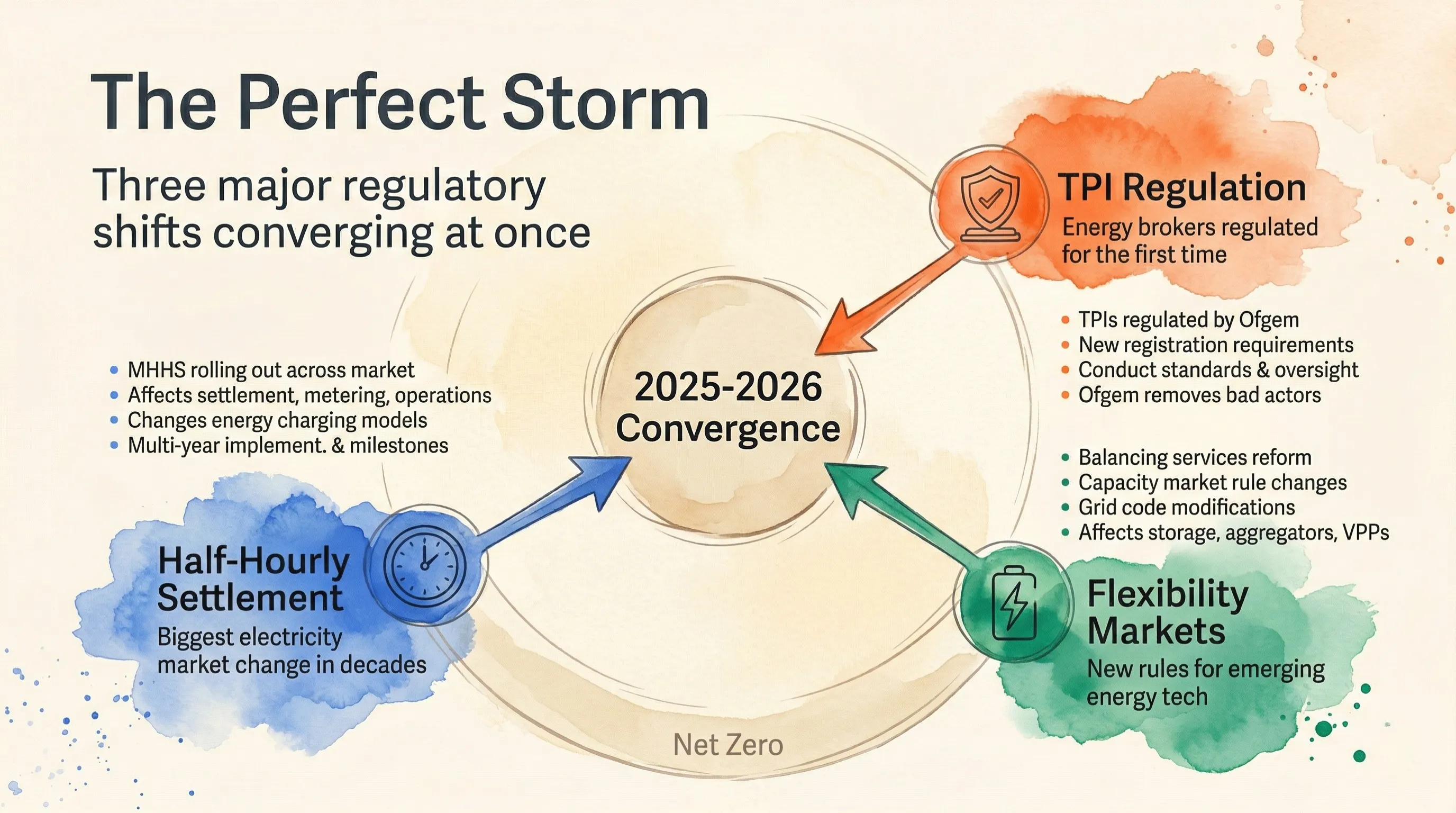 The Perfect Storm - three major regulatory shifts converging at once: TPI regulation, half-hourly settlement, and flexibility markets, all driven by net zero