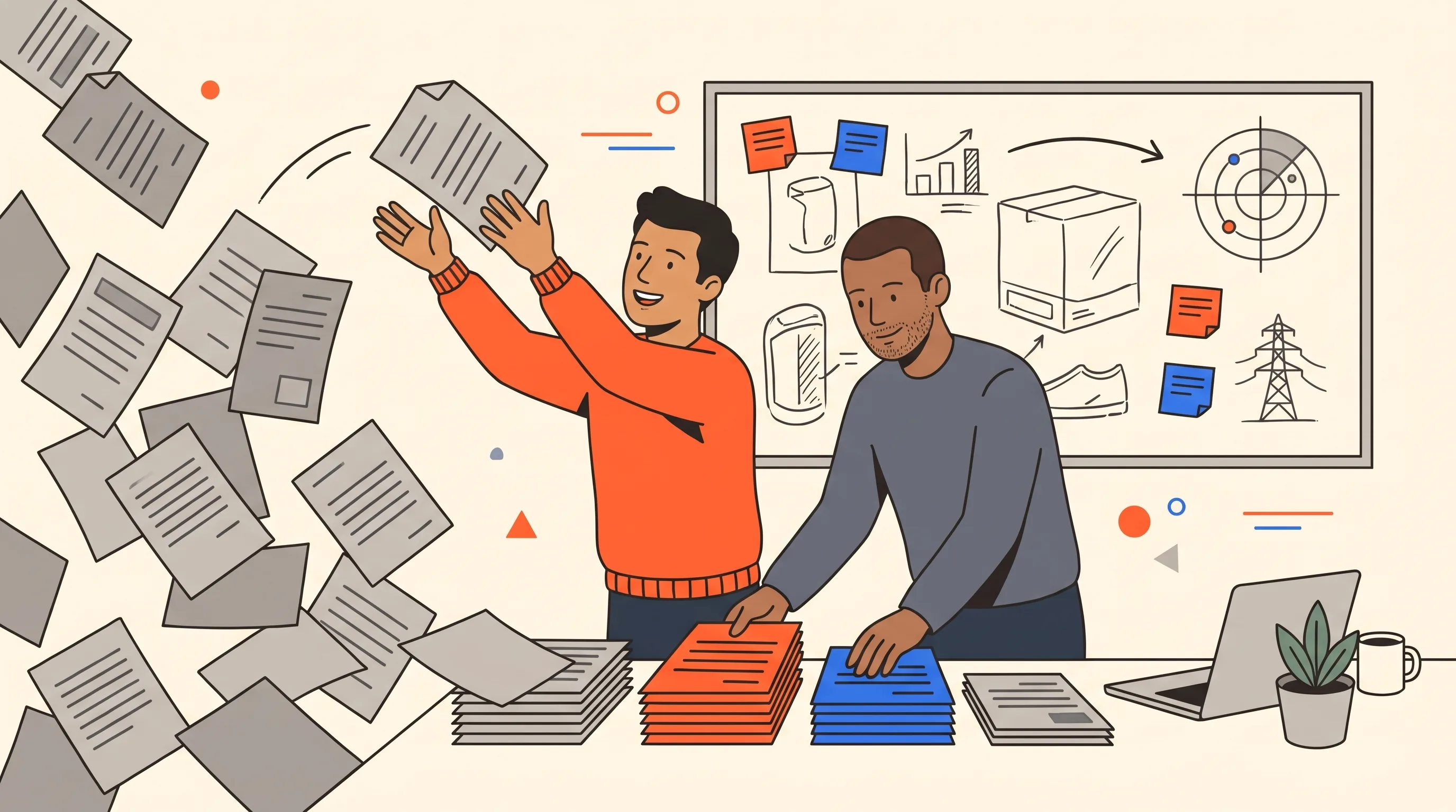 Bold flat-vector illustration of the two Policy Compass founders sorting a flood of regulatory documents into ordered stacks, with product sketches on a whiteboard behind them