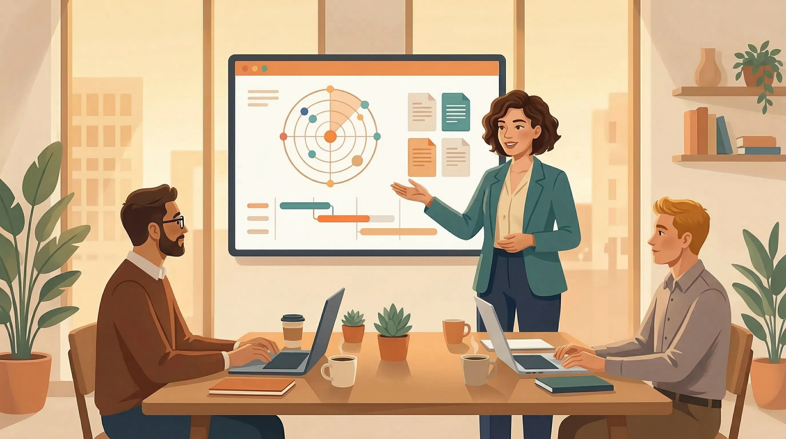 Illustration of a professional presenting regulatory intelligence data on a dashboard to colleagues in a modern conference room