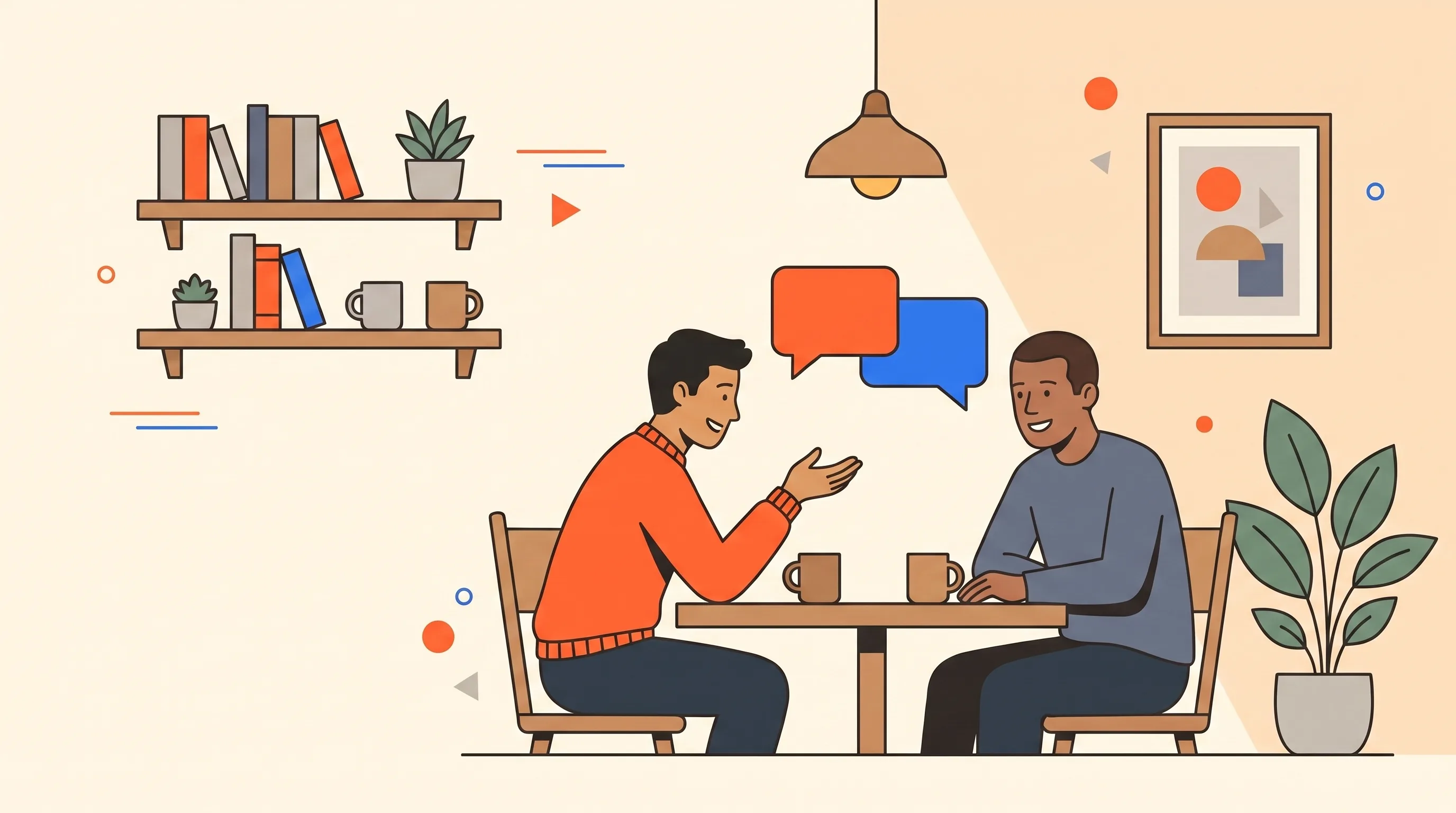 Bold flat-vector illustration of two professionals having a relaxed conversation over coffee, with orange and blue speech bubbles, in a warm cafe setting