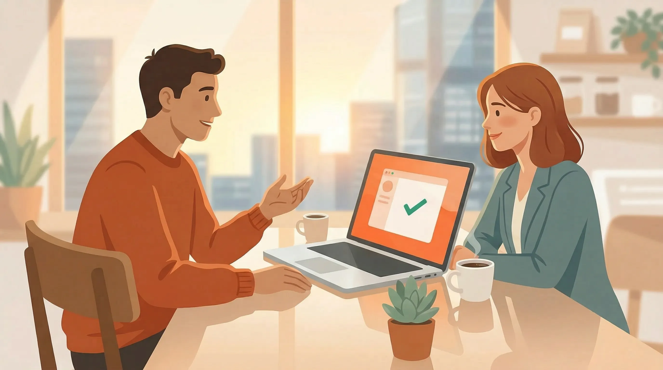 Two professionals having a relaxed conversation in a modern office, illustrated in warm painterly style