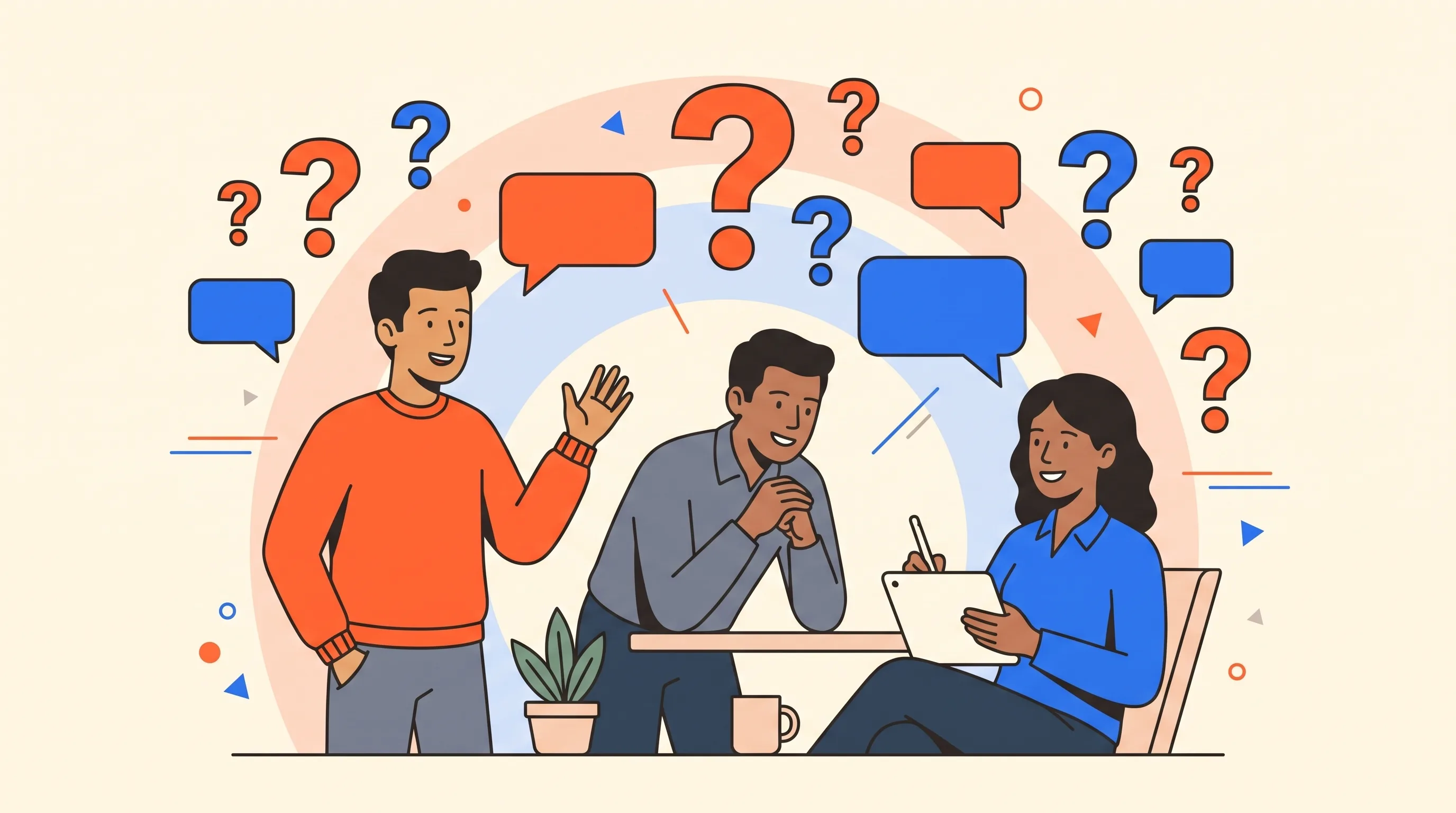 Bold flat-vector illustration of energy professionals asking questions, with orange and blue question marks and speech bubbles on a soft radar-halo backdrop