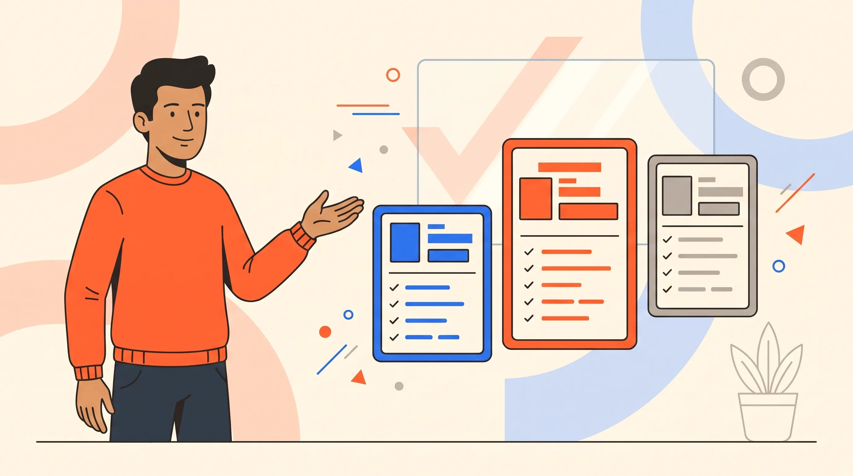 Bold flat-vector illustration of a professional in an orange jumper presenting three clear, transparent pricing tiers, the recommended tier highlighted in orange