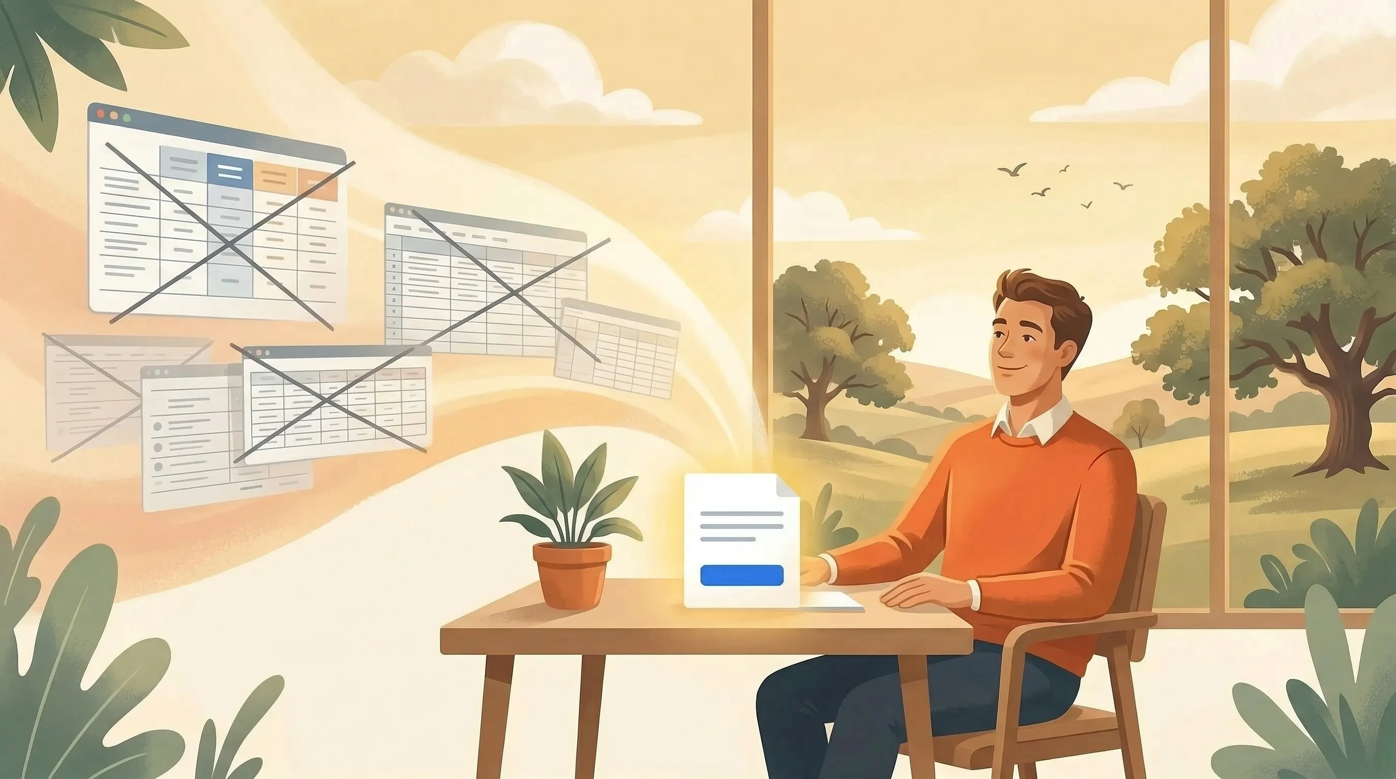 Illustrated scene of a confident regulatory professional in an orange jumper surveying the UK energy landscape with electricity pylons, wind turbines, and floating regulatory documents
