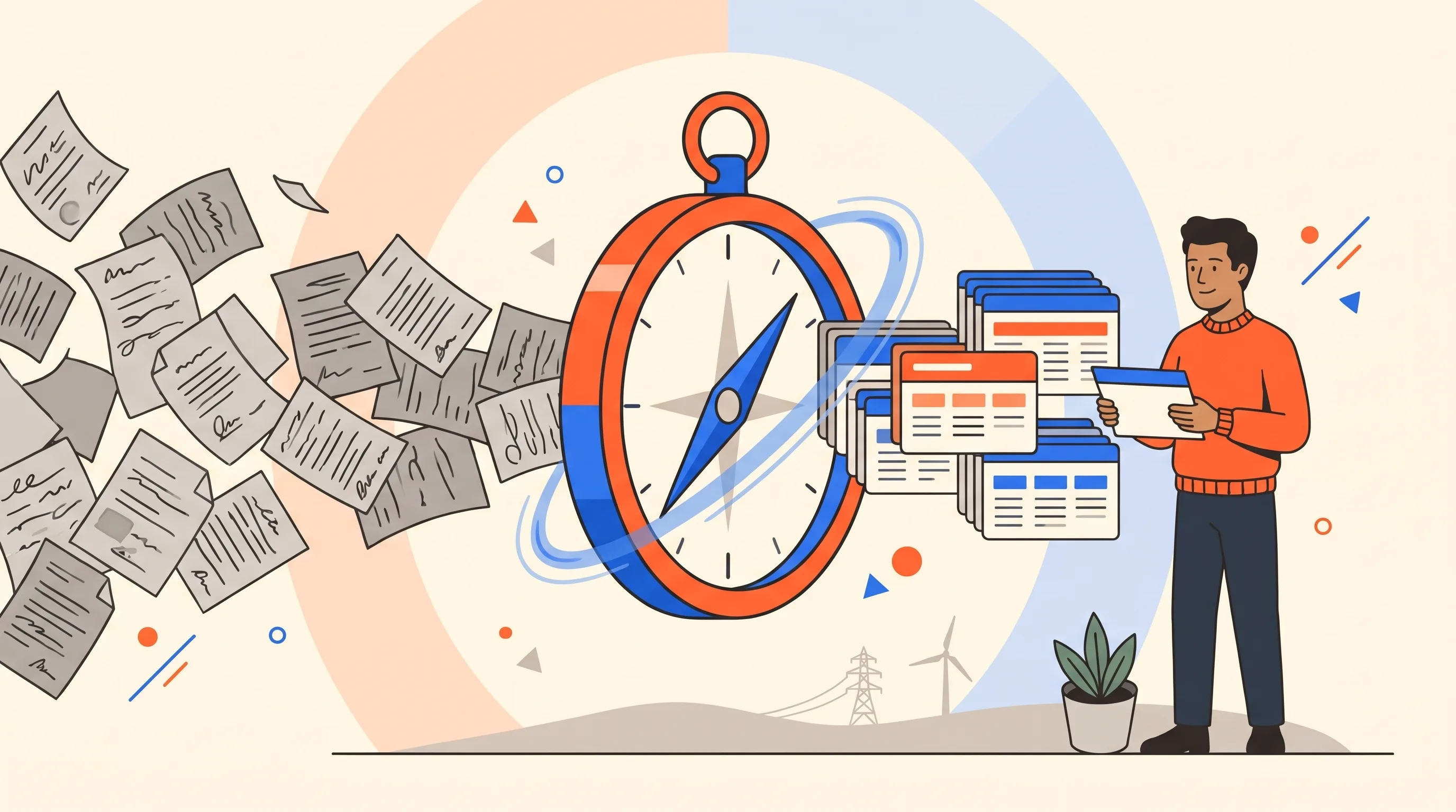 Bold flat-vector illustration of scattered regulatory documents flowing through the Policy Compass compass and emerging as organised intelligence cards, received by a professional in an orange jumper