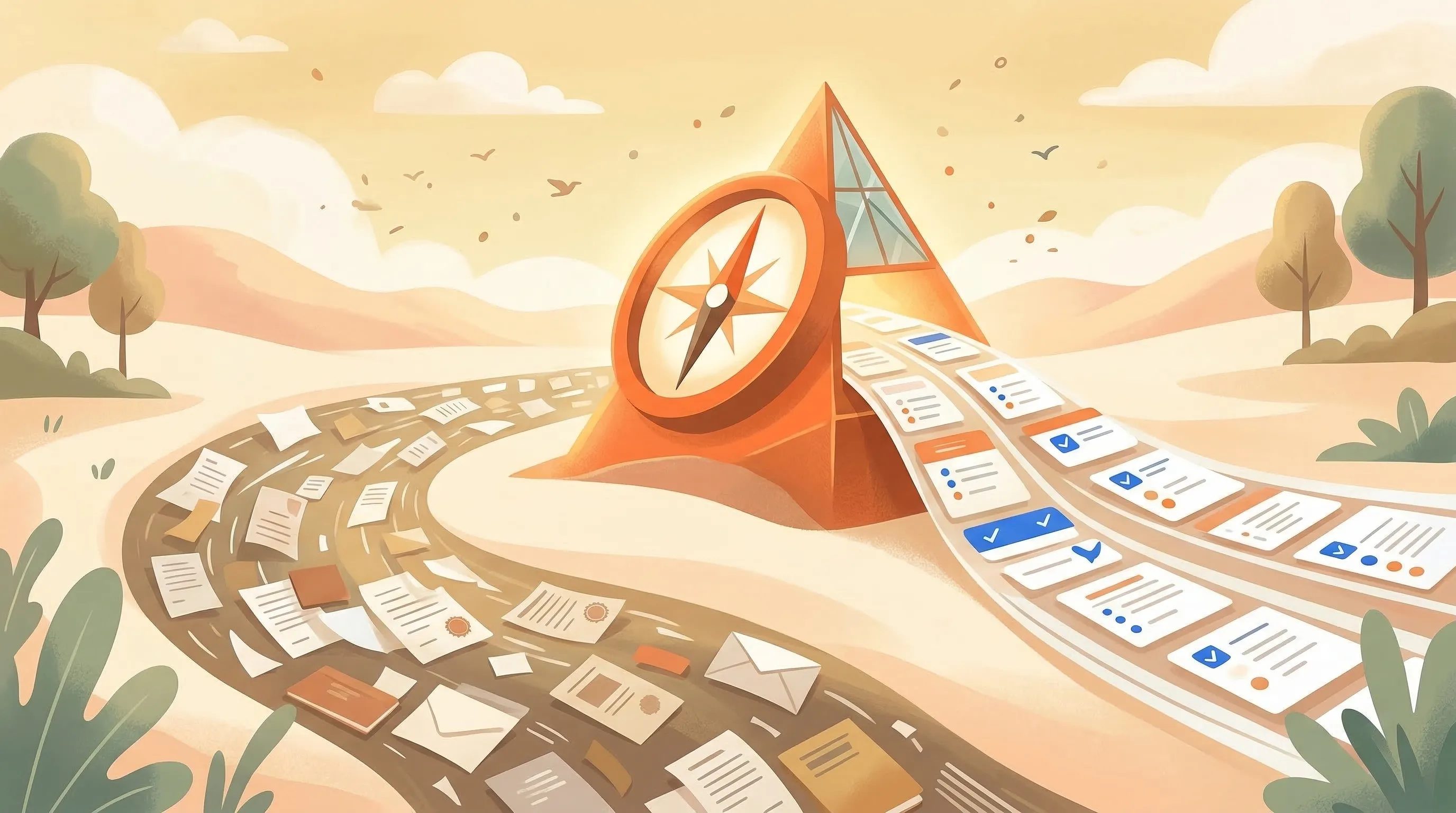 Conceptual landscape illustration showing scattered regulatory documents flowing through a compass prism and emerging as organised intelligence cards - the Policy Compass data transformation concept