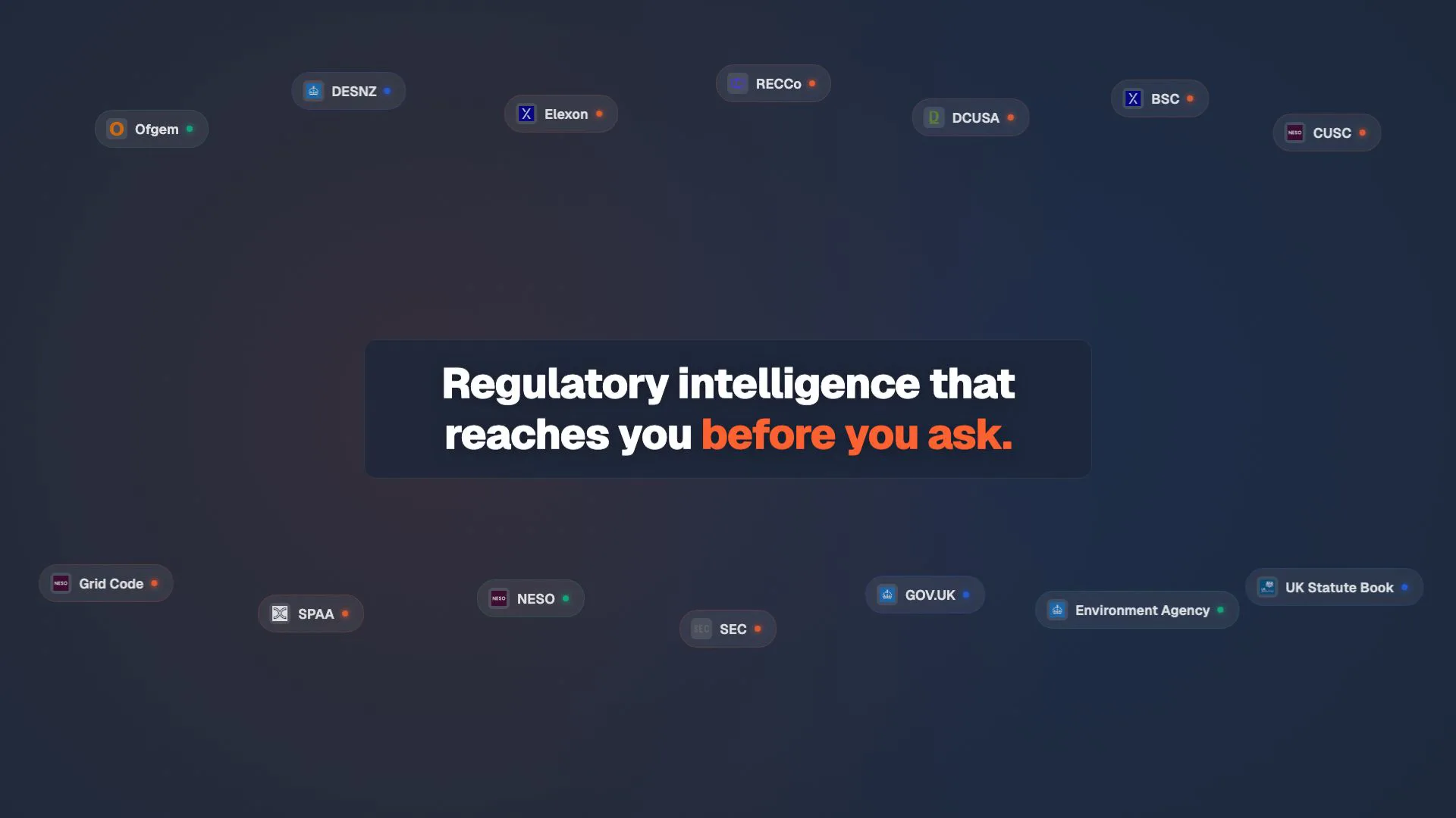 Policy Compass product demo - the opening frame reads 'Regulatory intelligence that reaches you before you ask', ringed by the UK energy regulators and industry codes it monitors (Ofgem, DESNZ, Elexon, NESO and more). Click to play.