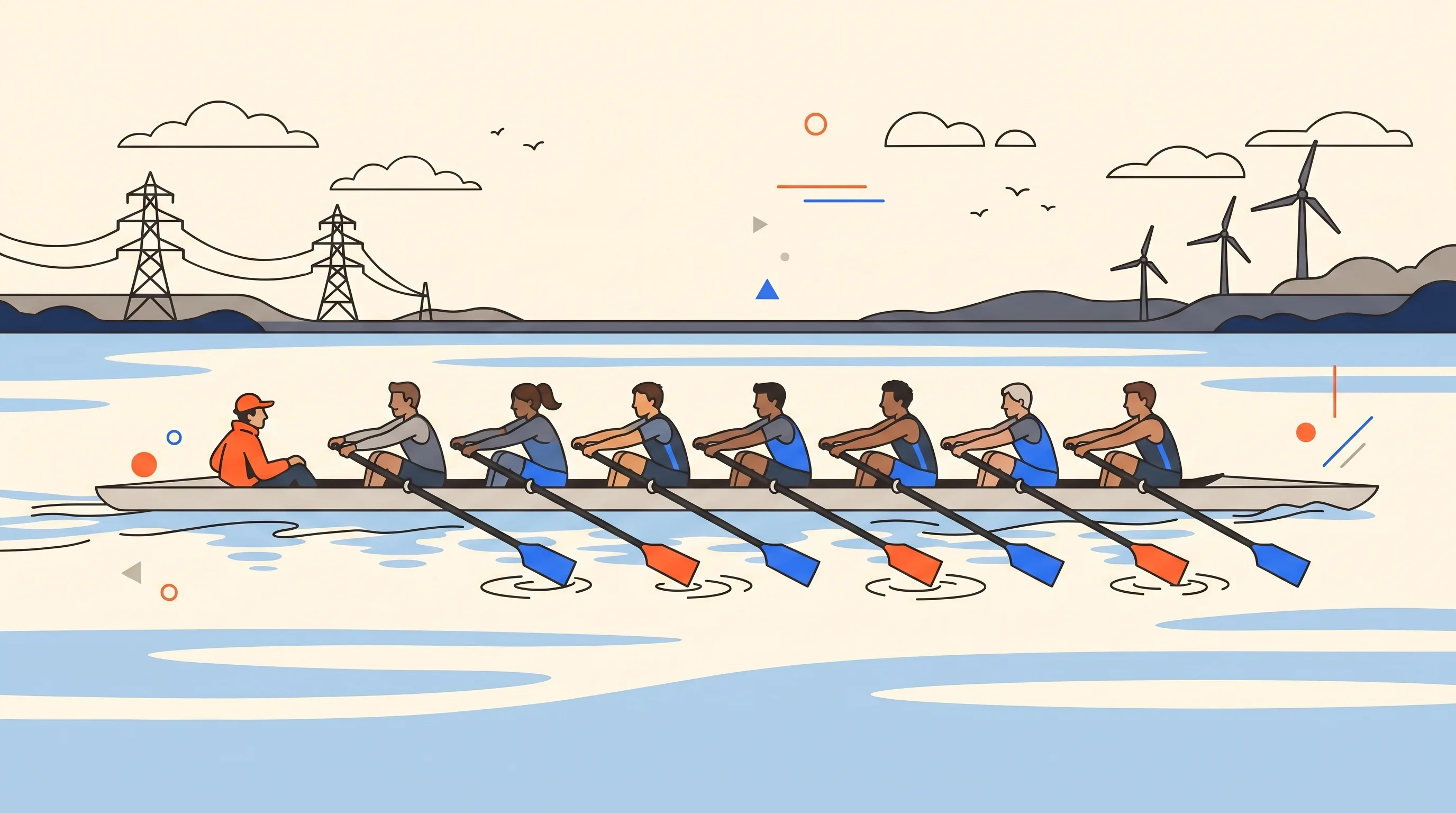 Bold flat-vector illustration of a rowing eight gliding in perfect synchronisation, an orange-clad cox steering the whole team as one, with electricity pylons and wind turbines on the far bank