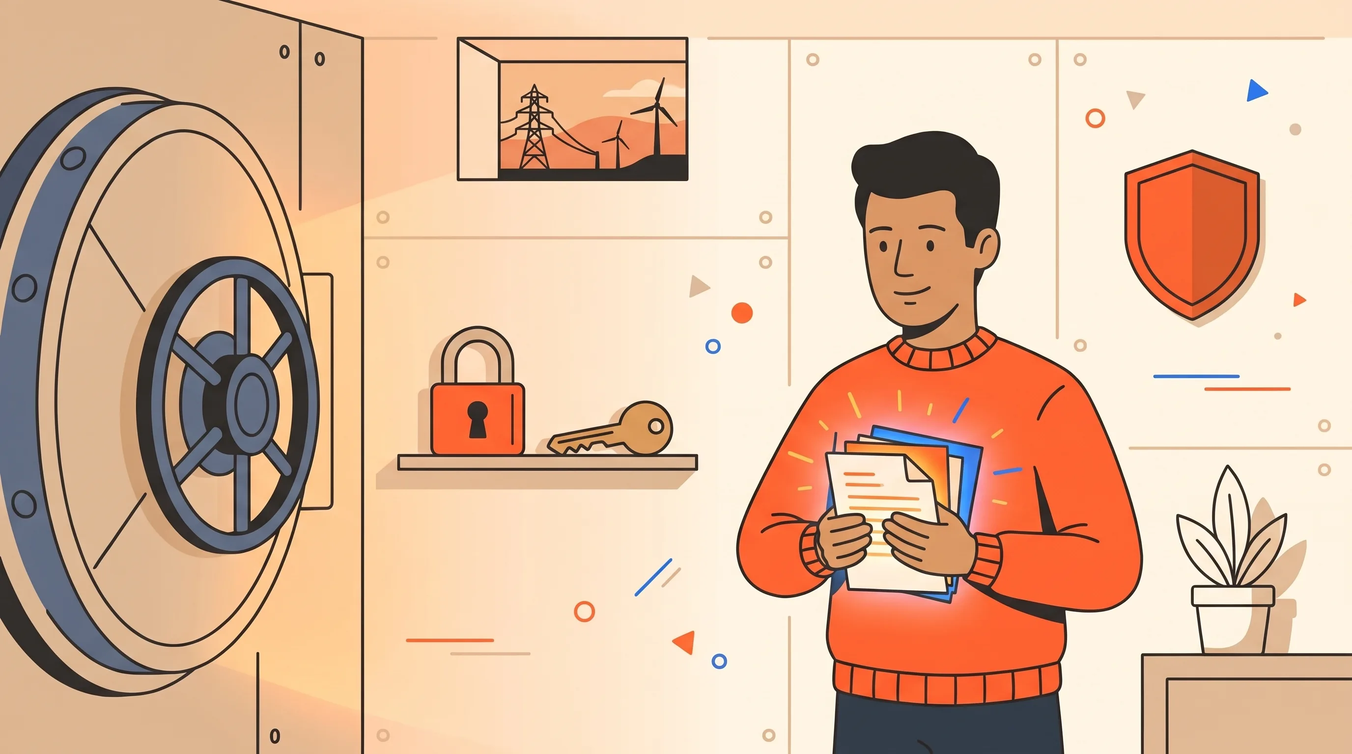 Bold flat-vector illustration of a calm professional in an orange jumper safeguarding glowing documents in a secure vault, with a vault door, padlock, brass key and shield