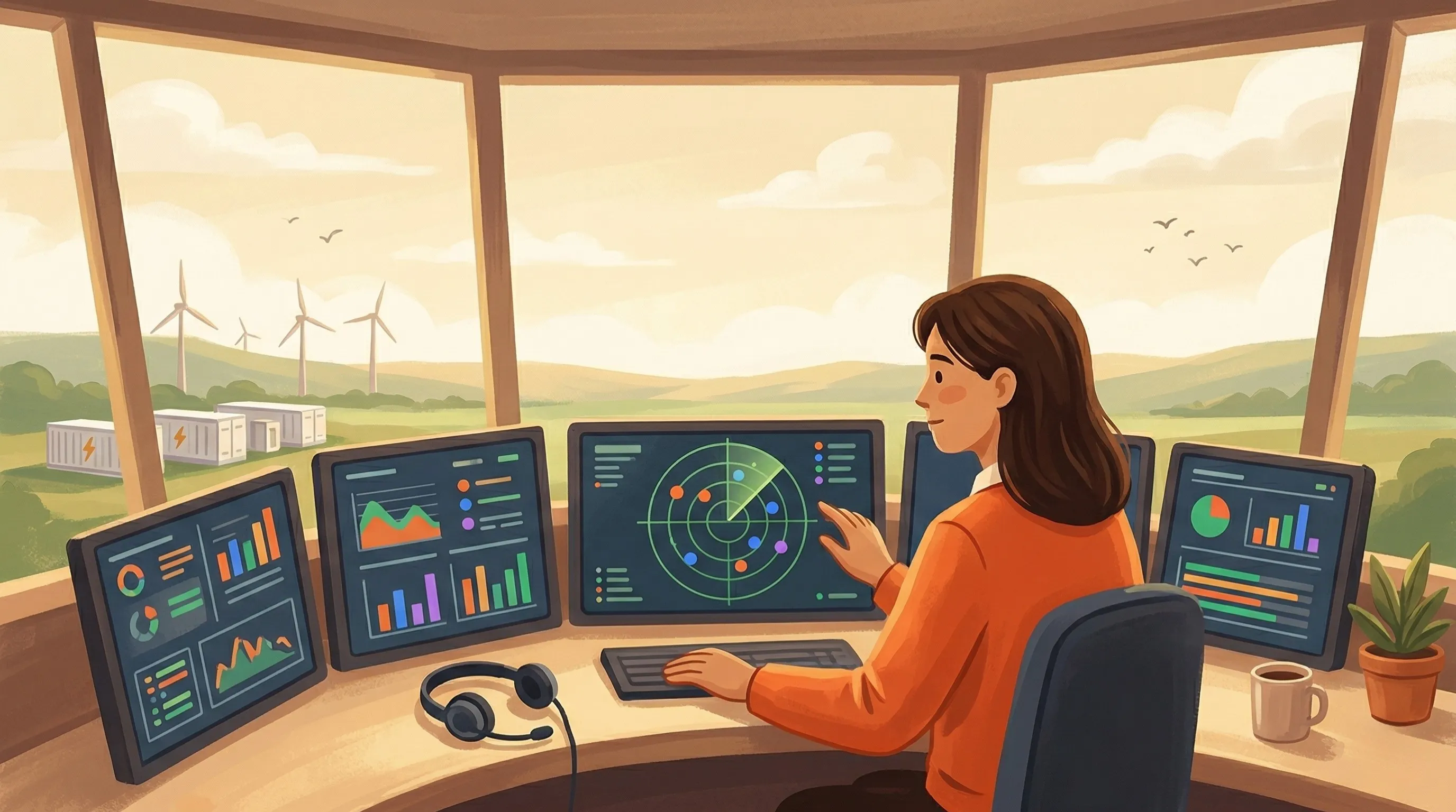 Warm painterly illustration of a woman in an orange jumper sitting at an air traffic control console with radar screens showing colour-coded dots, with wind turbines and battery storage containers visible through panoramic tower windows