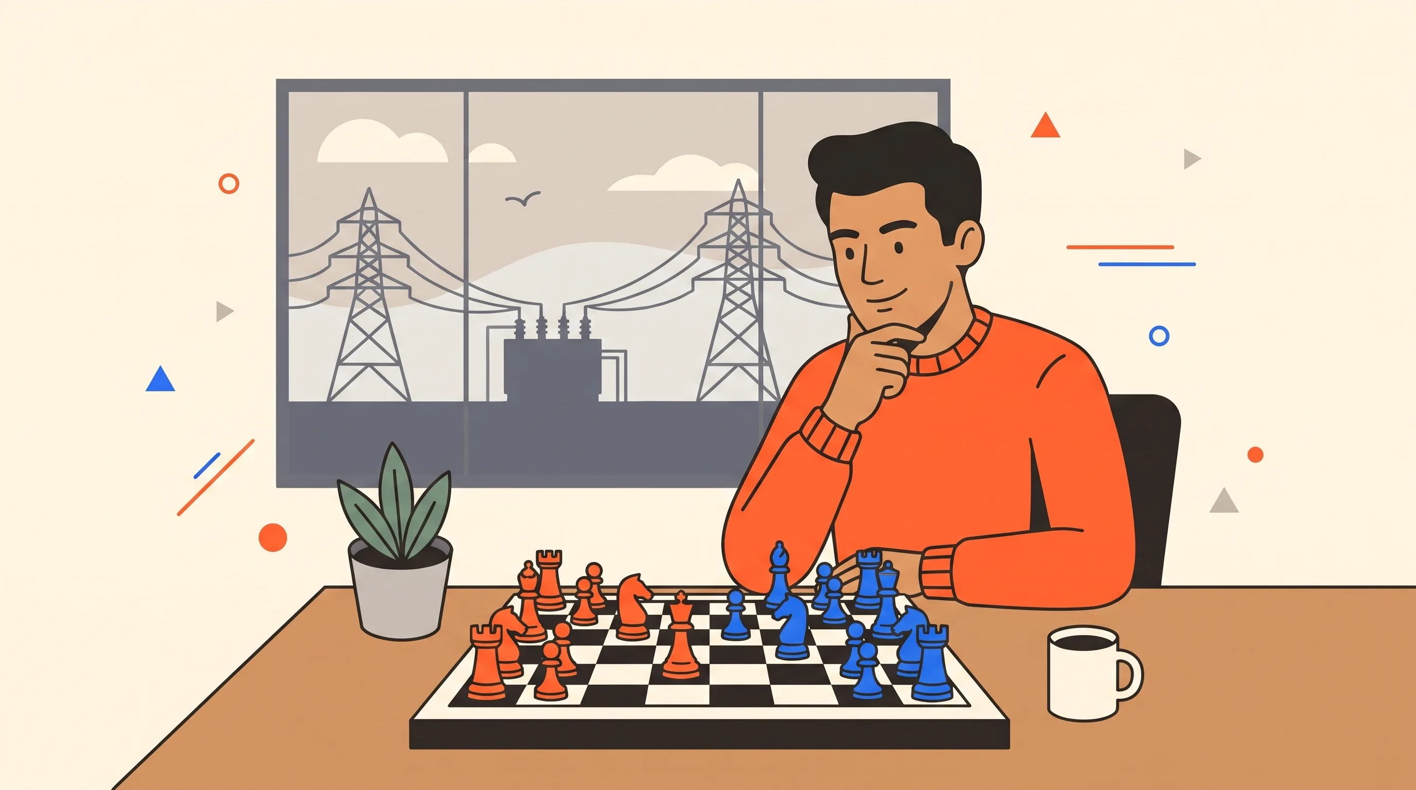 Flat-vector illustration of a chess player thinking moves ahead with orange and blue pieces - Policy Compass for network operators