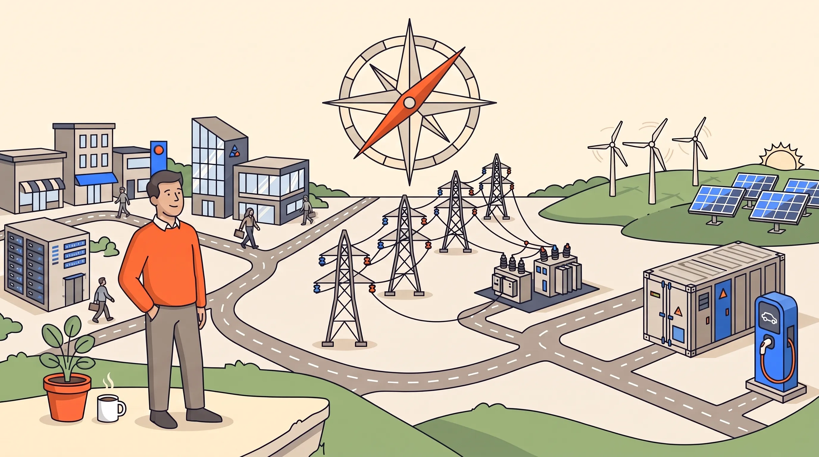 Flat-vector illustration of a stylised UK energy landscape: a person in an orange jumper looks out from a rise over distinct districts - retail and office buildings, electricity pylons and a substation, wind turbines, solar panels, a battery-storage unit and an EV charger - linked by roads and unified by a Policy Compass compass rose in the sky.